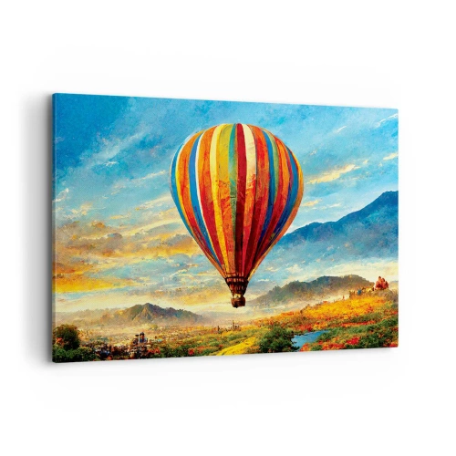 Impression sur toile - Image sur toile - Un ballon coloré au-dessus d'un paysage pittoresque - 120x80cm - Dans le silence on voit mieux - Décoration murale moderne pour le salon et la chambre ARTTOR