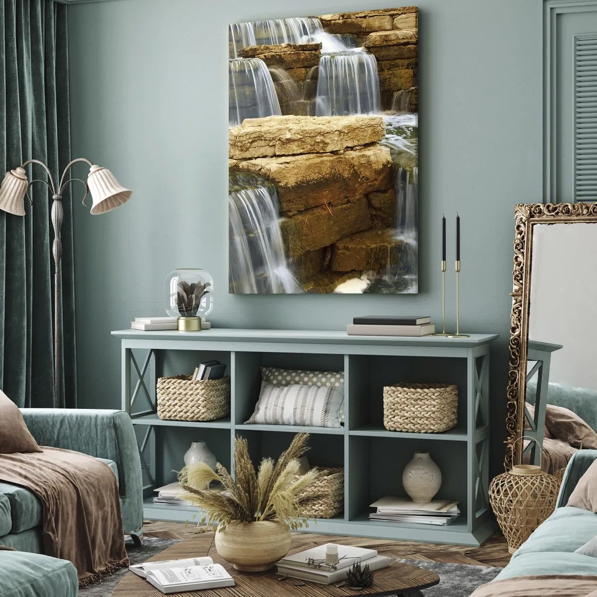 Impression sur toile - Image sur toile - Une cascade qui coule sur des marches de pierre - 70x100cm - Escalier vers le ciel - Décoration murale moderne pour le salon et la chambre ARTTOR