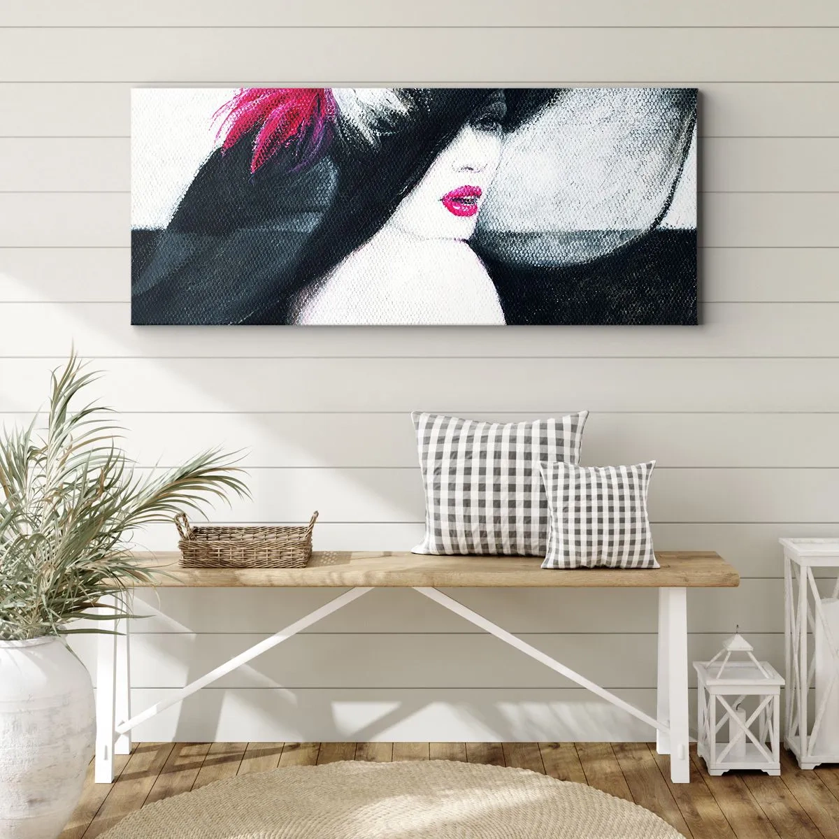 Impression sur toile - Image sur toile - Femme élégante avec un chapeau à plumes - 120x50cm - Toujours un secret - Décoration murale moderne pour le salon et la chambre ARTTOR