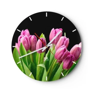 Horloge murale - Pendule murale - Un bouquet de tulipes roses avec des gouttes de rosée sur un fond sombre - 30x30cm - Joie printanière des lilas - Décoration murale moderne pour le salon, la cuisine et la chambre ARTTOR