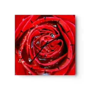 Horloge murale - Pendule murale - Gros plan d'une rose rouge avec des gouttes d'eau sur les pétales - 30x30cm - Dans les gouttes de rosée - Décoration murale moderne pour le salon et la chambre ARTTOR