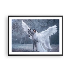 Affiche dans un cadre noir - Poster - Une femme sur un cheval blanc avec des ailes dans une forêt magique - 70x50cm - Un moment inspiré - Décoration murale moderne pour le salon et la chambre ARTTOR