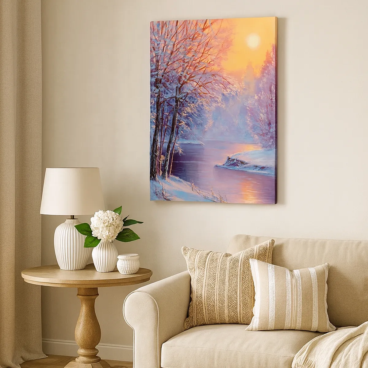 Impression sur toile - Image sur toile - Paysage d'hiver avec rivière et arbres au lever du soleil - 50x70cm - Couleurs d'hiver - Décoration murale moderne pour le salon et la chambre ARTTOR