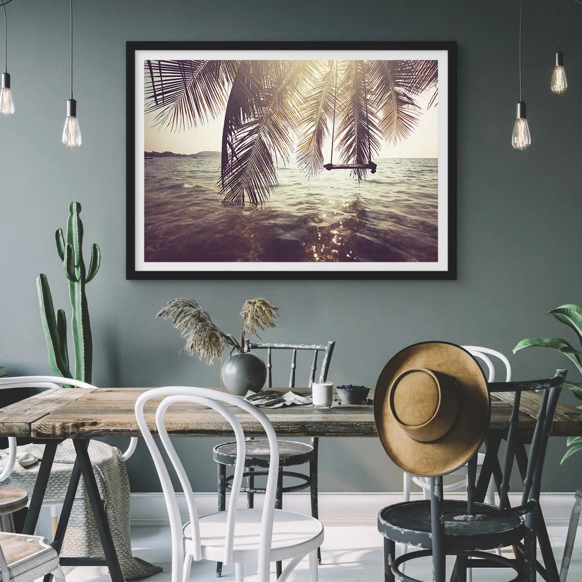 Affiche dans un cadre noir - Poster - Palmier avec une balançoire au-dessus de l'eau au soleil - 70x50cm - Vous pouvez vous balancer dans les nuages