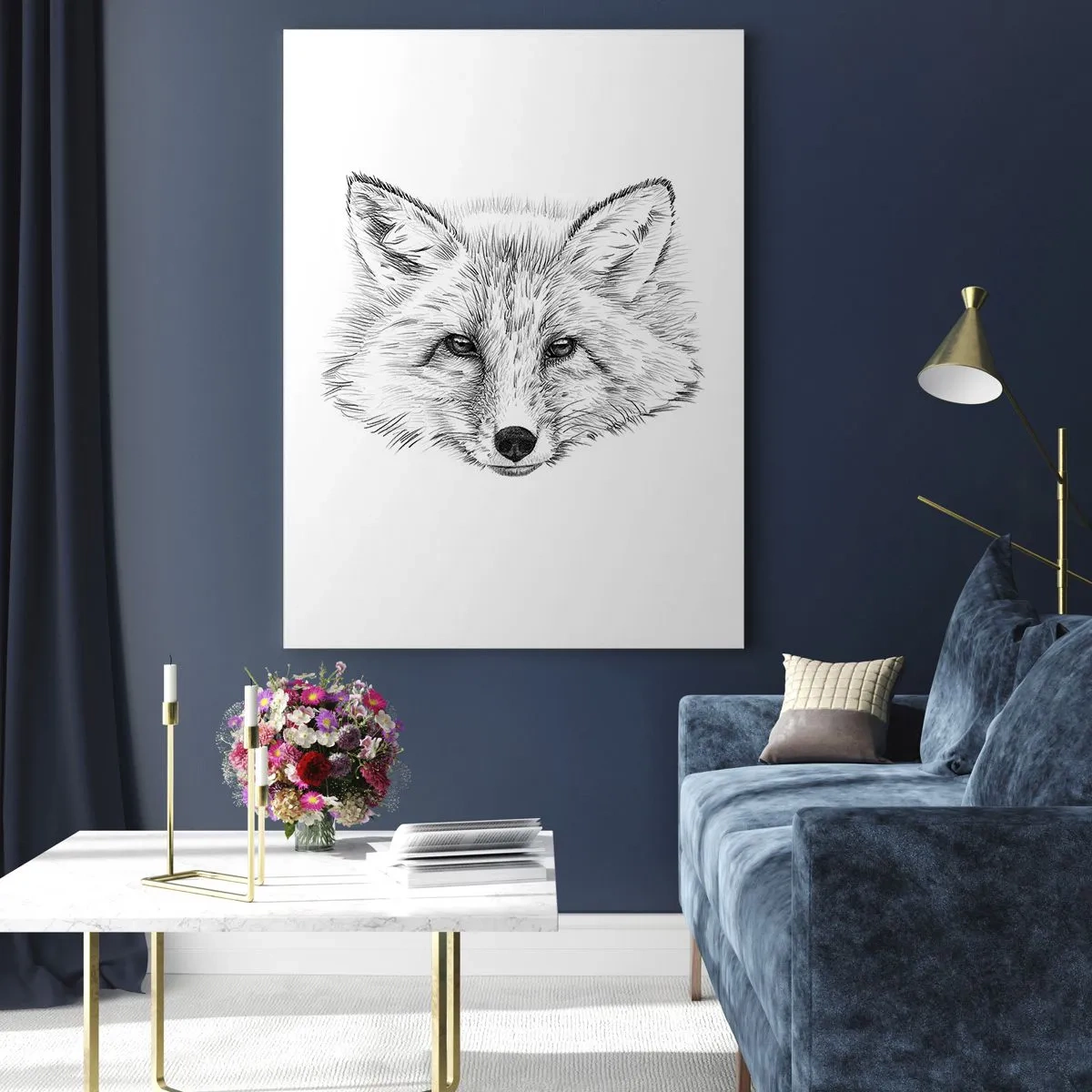 Impression sur verre - Image sur verre - Dessin d'une tête de renard sur fond blanc - 50x70cm - Ces yeux peuvent-ils mentir ? - Décoration murale moderne pour le salon et la chambre ARTTOR