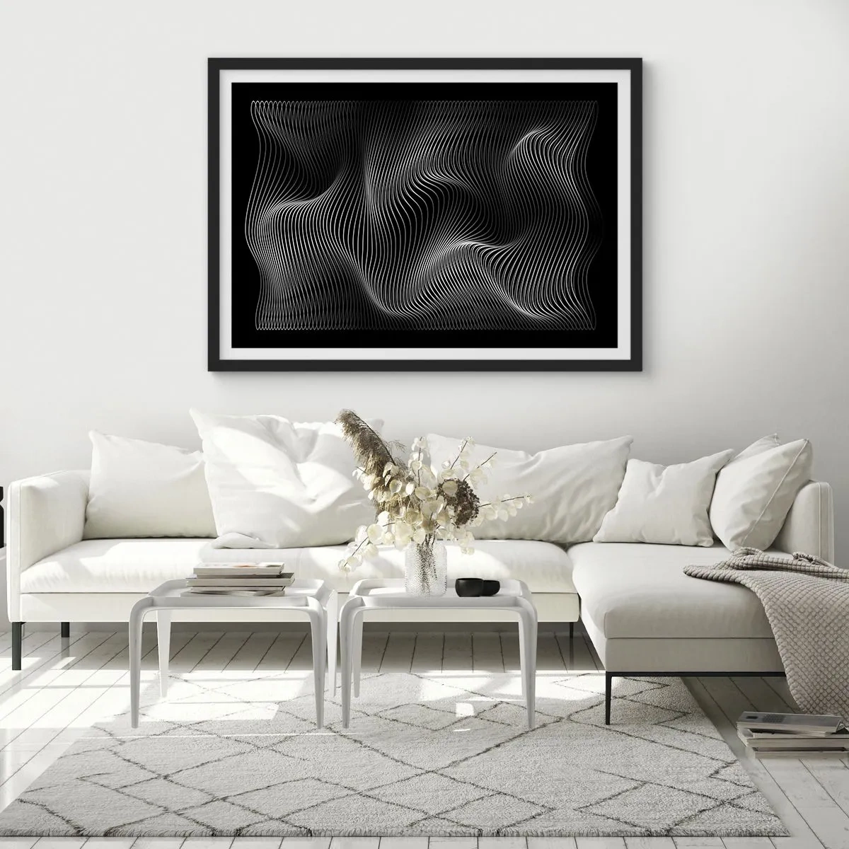Affiche dans un cadre noir - Poster - Lignes blanches abstraites sur fond noir - 70x50cm - Danse de lumière dans l'espace - Décoration murale moderne pour le salon et la chambre ARTTOR