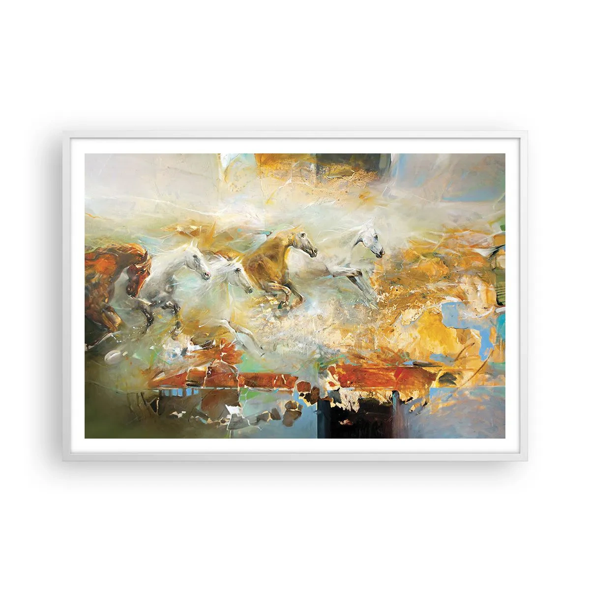 Affiche dans un cadre blanc - Poster - Au galop vers la lumière - 100x70 cm
