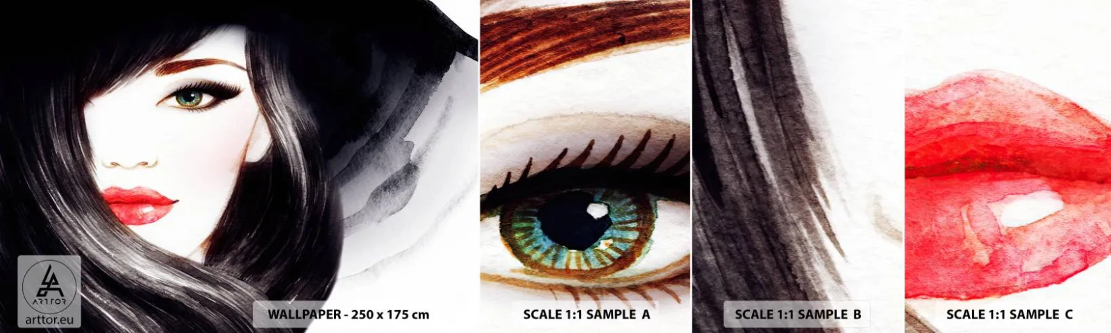 Échantillon de Papier Peint Autocollant Deluxe Sticker - Aspect saphir - Visage de femme, lèvres rouges, Yeux verts - 100x30 cm