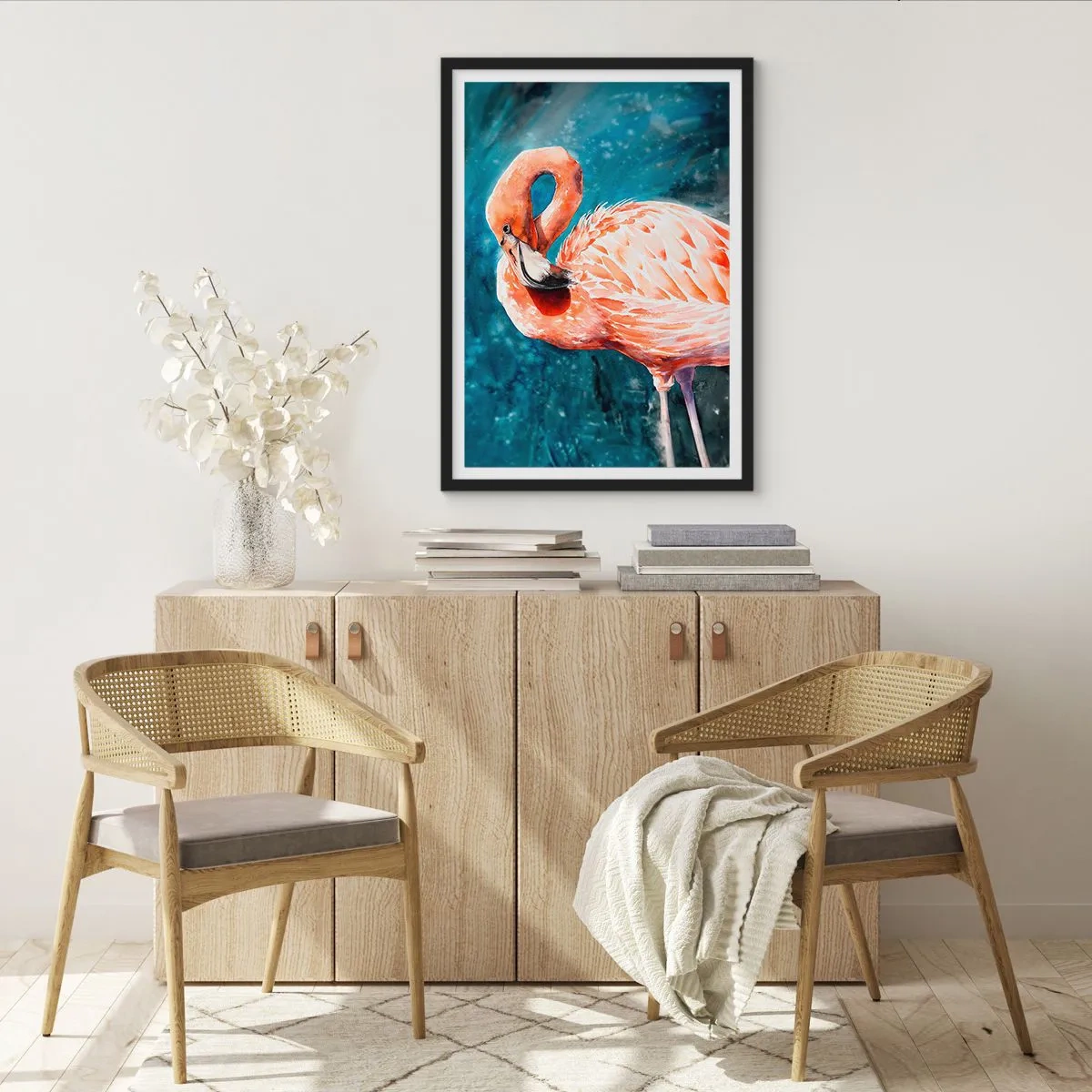 Affiche dans un cadre noir - Poster - Un flamant rose à l'aquarelle sur un fond d'eau turquoise - 50x70cm - Décoratif par nature - Décoration murale moderne pour le salon et la chambre ARTTOR