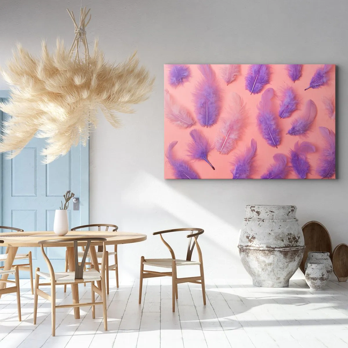 Impression sur toile - Image sur toile - Plumes violettes et roses sur fond pastel - 70x50cm - Oiseau de désir lilas - Décoration murale moderne pour le salon et la chambre ARTTOR