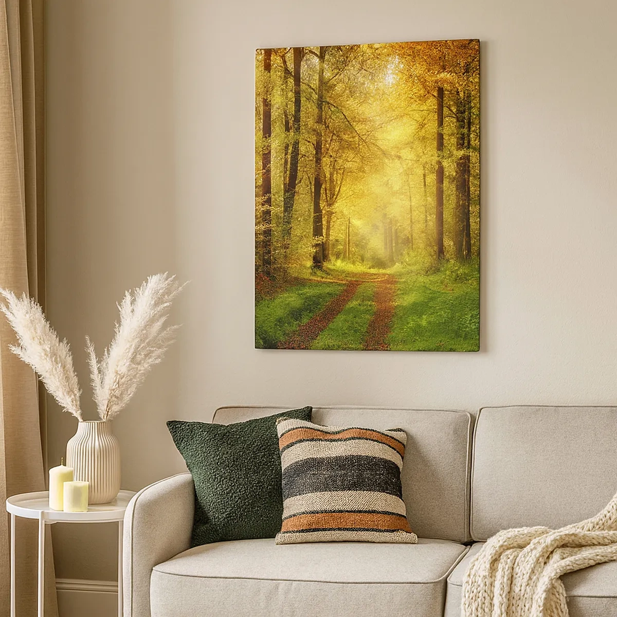 Impression sur toile - Image sur toile - Un chemin forestier entouré d'arbres dorés et verts - 50x70cm - Silence d'or en forêt - Décoration murale moderne pour le salon et la chambre ARTTOR