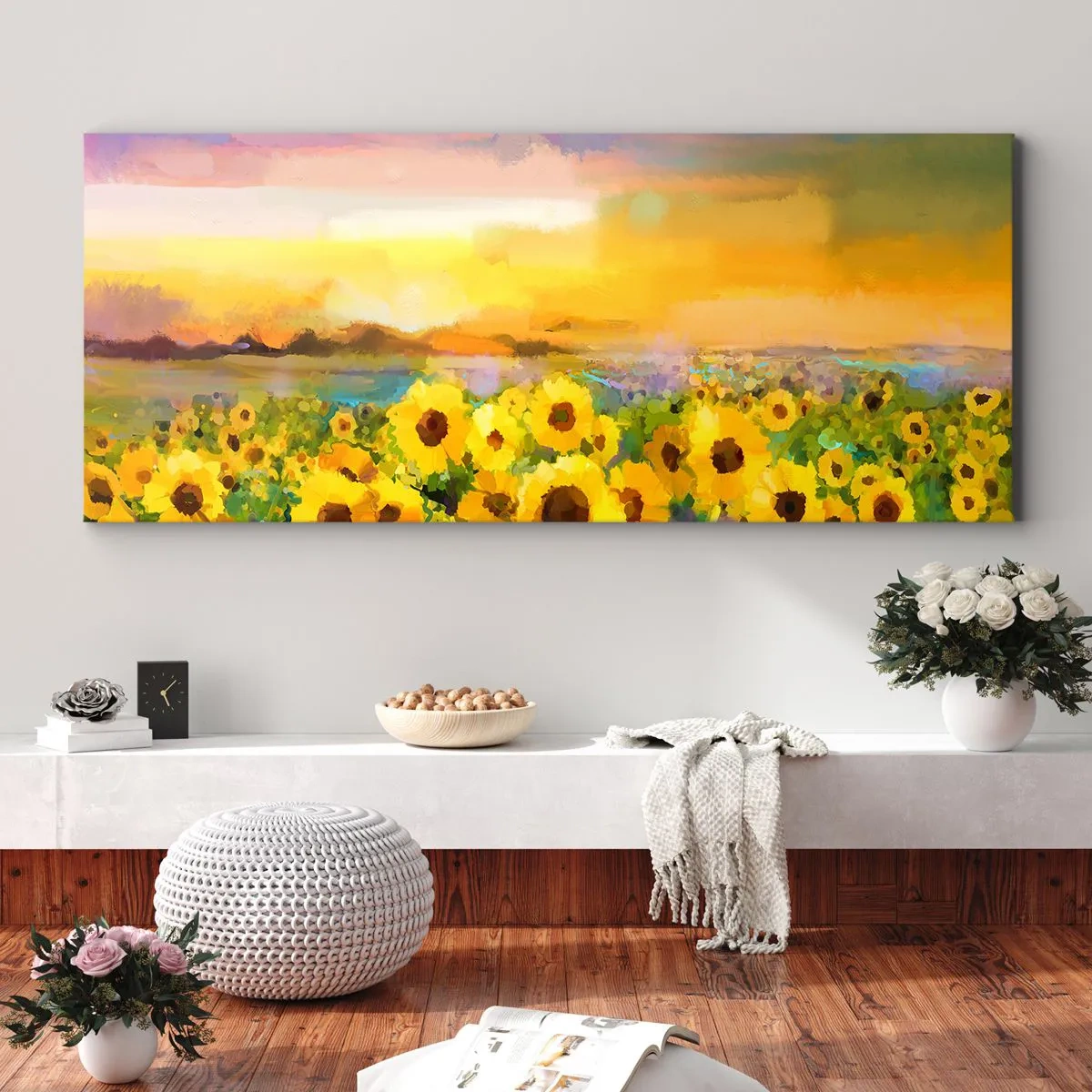 Impression sur toile - Image sur toile - Un champ de tournesols à la lumière du soleil couchant - 120x50cm - Le soleil lui-même est descendu sur terre - Décoration murale moderne pour le salon et la chambre ARTTOR