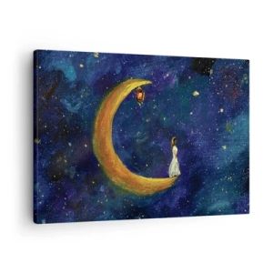 Impression sur toile - Image sur toile - Une fille debout sur la lune dans un ciel étoilé - 70x50cm - Appel du monde - Décoration murale moderne pour le salon et la chambre ARTTOR