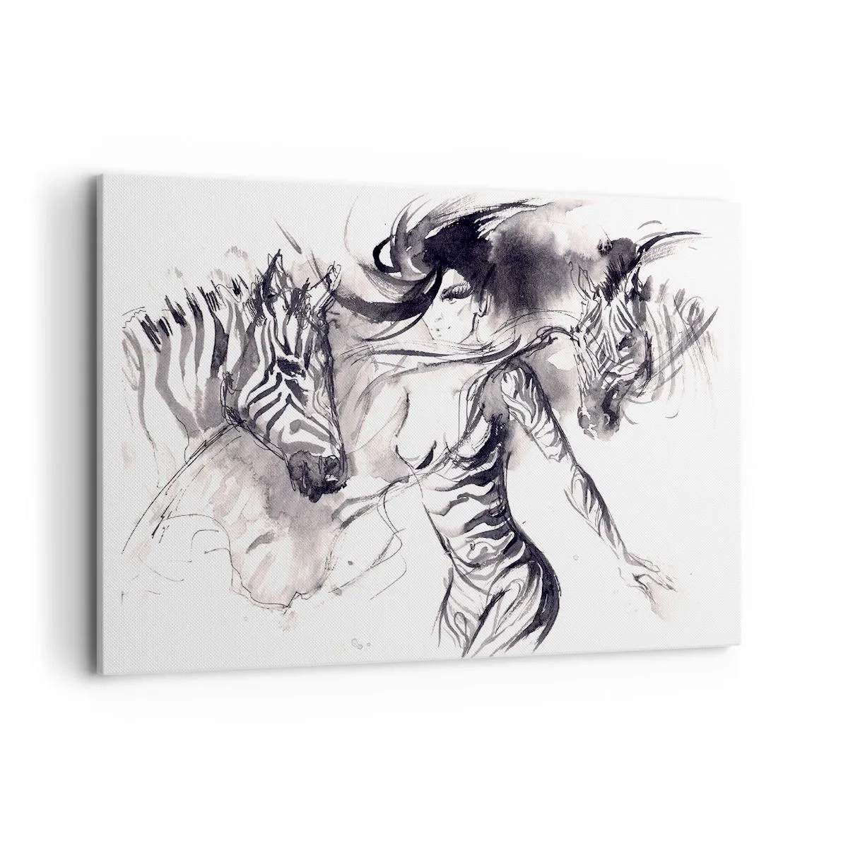 Impression sur toile - Image sur toile - Une femme dans une danse dynamique avec des zèbres dans une esthétique noir et blanc - 120x80cm - Danse avec les zèbres - Décoration murale moderne pour le salon et la chambre ARTTOR