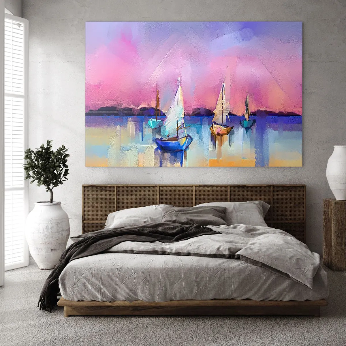 Impression sur verre - Image sur verre - Marina abstraite avec voiliers au coucher du soleil - 70x50cm - Direction: les eaux larges - Décoration murale moderne pour le salon et la chambre ARTTOR