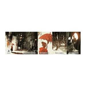 Échantillon de Papier Peint Autocollant Deluxe Sticker - La poésie du parapluie rouge - Ville, Femme, Architecture - 100x30 cm