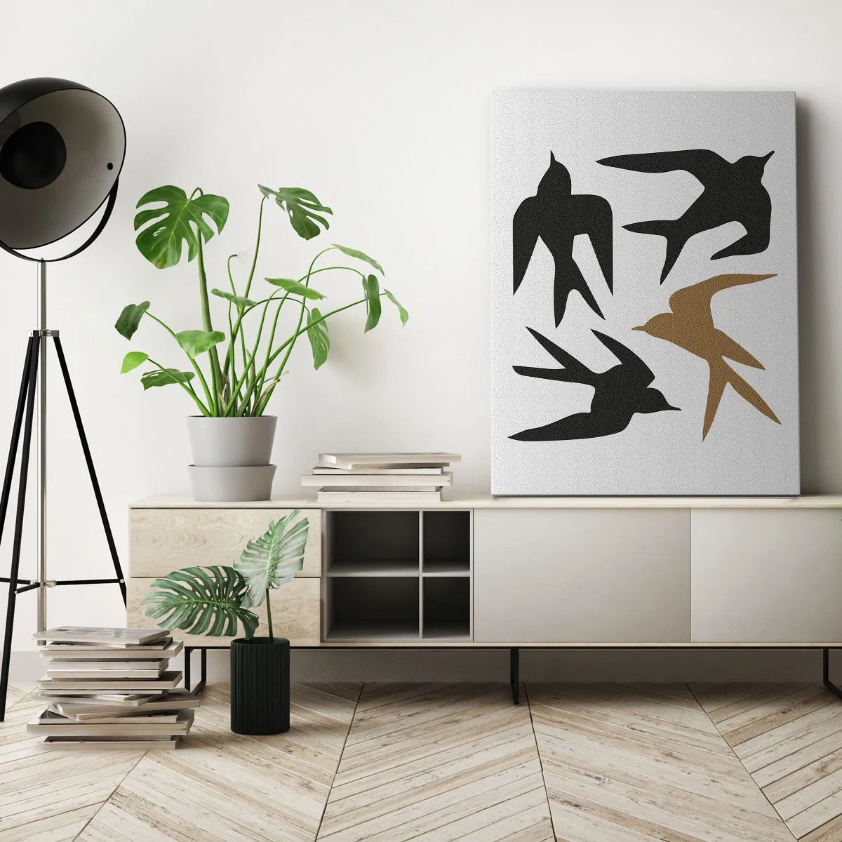 Impression sur toile - Image sur toile - Silhouettes d'hirondelles en noir et or - 50x70cm - Avaler du plaisir - Décoration murale moderne pour le salon et la chambre ARTTOR