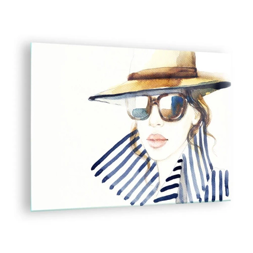 Impression sur verre - Image sur verre - Femme élégante avec un chapeau et des lunettes dans un style aquarelle - 70x50cm - La Floride vous souhaite la bienvenue ! - Décoration murale moderne pour le salon et la chambre ARTTOR