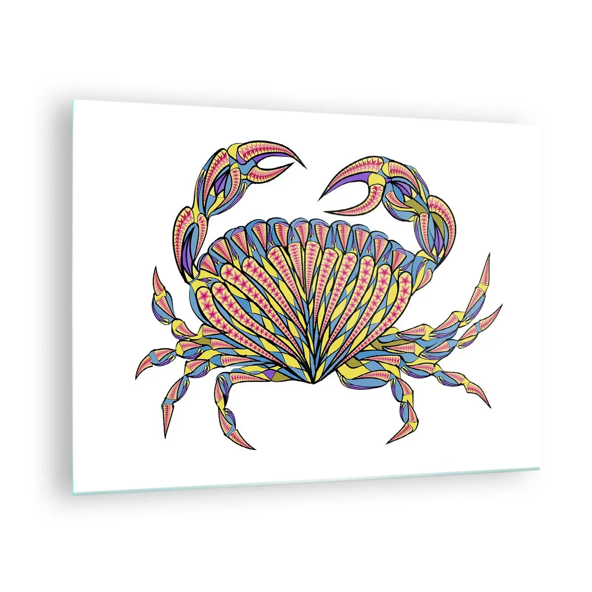 Impression sur verre - Image sur verre - Illustration d'un crabe coloré dans un style géométrique - 70x50cm - Bijoux de la mer - Décoration murale moderne pour le salon et la chambre ARTTOR