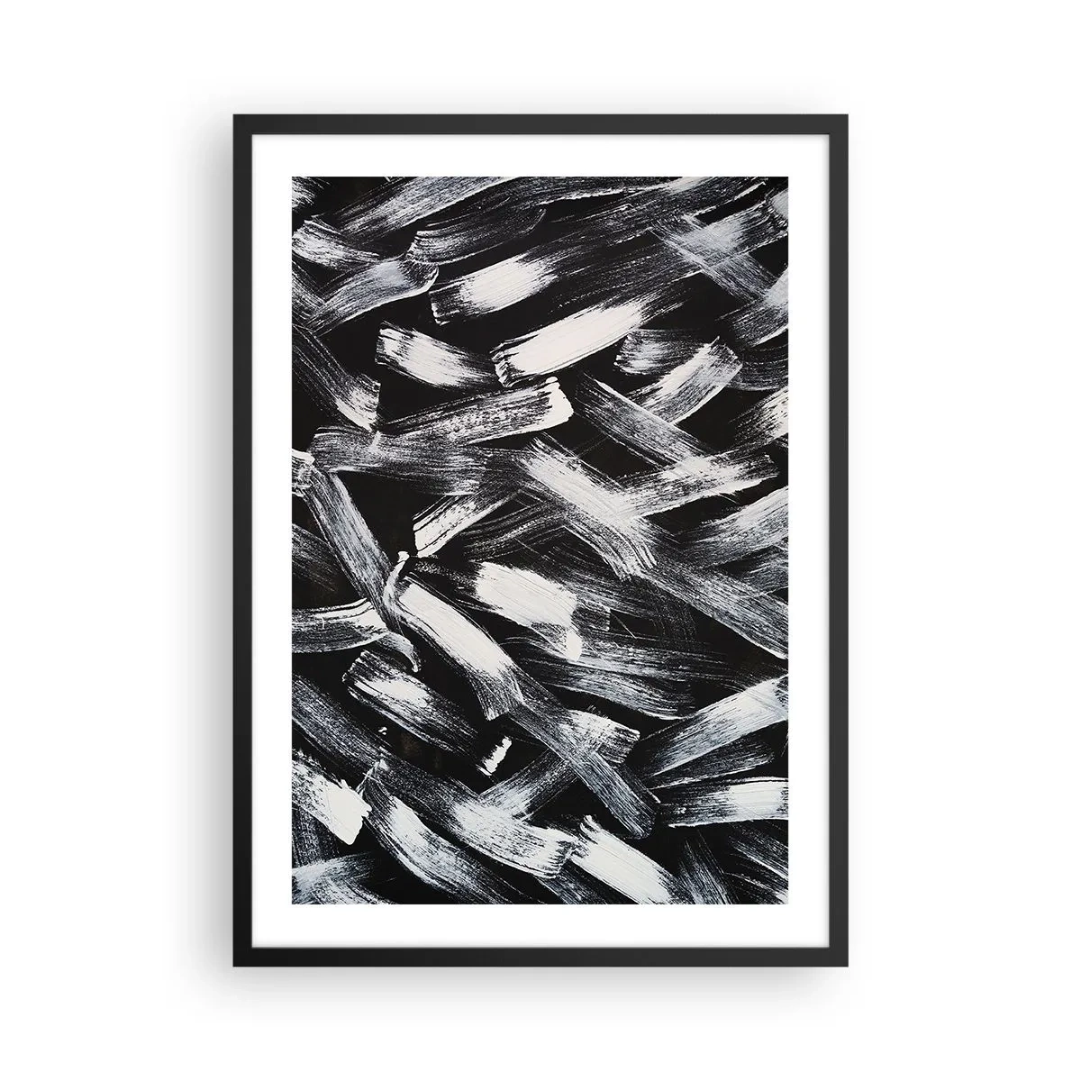 Affiche dans un cadre noir - Poster - Coups de pinceau blancs abstraits sur fond noir - 50x70cm - L'abstraction dans l'esprit industriel - Décoration murale moderne pour le salon et la chambre ARTTOR