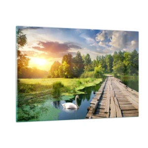 Impression sur verre - Image sur verre - Jetée en bois sur un lac avec un cygne au coucher du soleil - 120x80cm - L'été, l'été partout - Décoration murale moderne pour le salon et la chambre ARTTOR