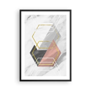 Affiche dans un cadre noir - Poster - Hexagones géométriques sur fond de marbre - 50x70cm - Composition en chaîne - Décoration murale moderne pour le salon et la chambre ARTTOR