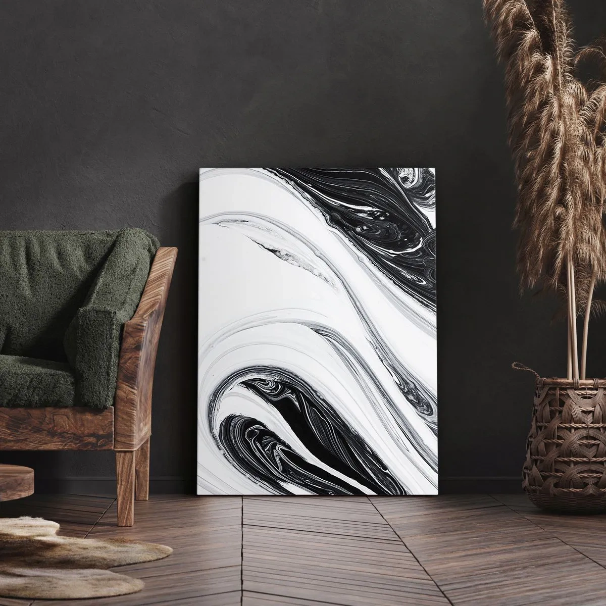 Impression sur toile - Image sur toile - Abstraction en noir et blanc avec des lignes et des tourbillons dynamiques - 50x70cm - Une combinaison d'opposés - Décoration murale moderne pour le salon et la chambre ARTTOR