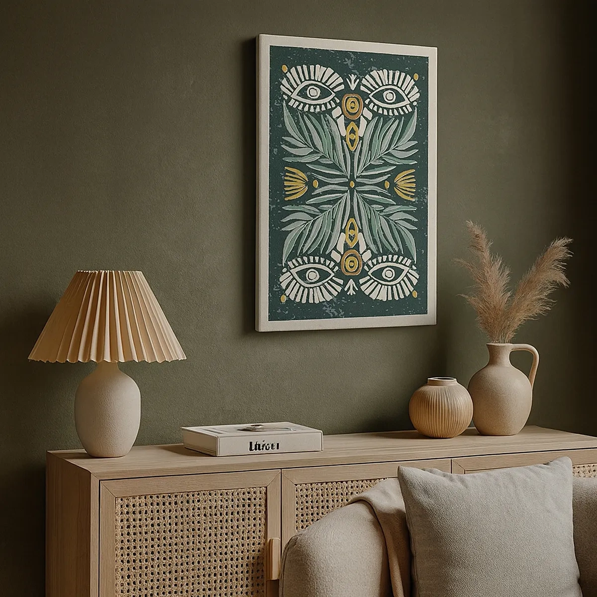 Impression sur toile - Image sur toile - Motif végétal symétrique sur fond vert - 50x70cm - Comme une découpe folklorique - Décoration murale moderne pour le salon et la chambre ARTTOR