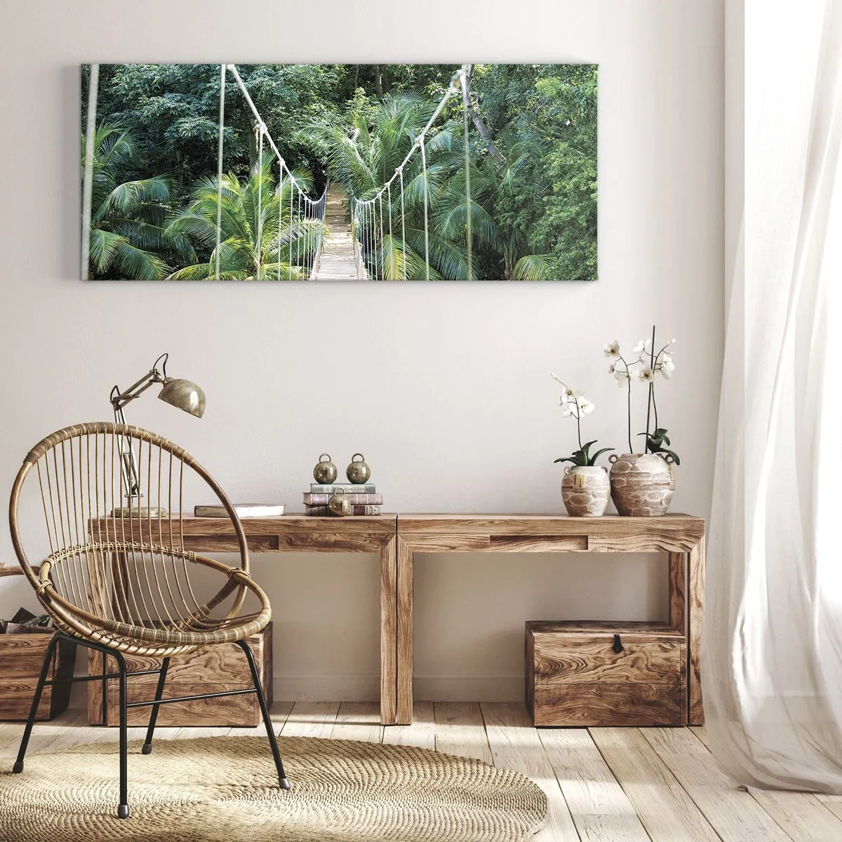 Impression sur toile - Image sur toile - Un pont suspendu dans une jungle tropicale pleine de verdure - 160x50cm - Welcome to the jungle! - Décoration murale moderne pour le salon et la chambre ARTTOR