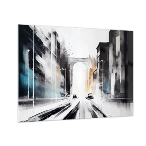 Impression sur verre - Image sur verre - Une rue de ville dynamique avec des voitures et une arche en arrière-plan dans un style pictural. - 70x50cm - Étude de ville : architecture et mouvement
