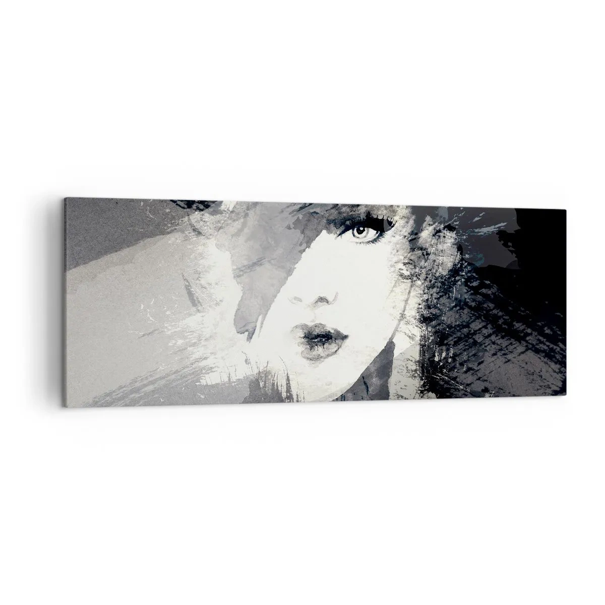 Impression sur toile - Image sur toile - Un portrait abstrait d'une femme dans des tons de gris avec des accents délicats. - 140x50cm - Derrière un voile gris - Décoration murale moderne pour le salon et la chambre ARTTOR