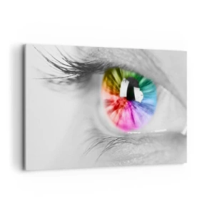 Impression sur toile - Image sur toile - Prise de vue artistique d'un œil avec un iris arc-en-ciel sur fond gris - 120x80cm - Regarde le monde en couleur - Décoration murale moderne pour le salon et la chambre ARTTOR