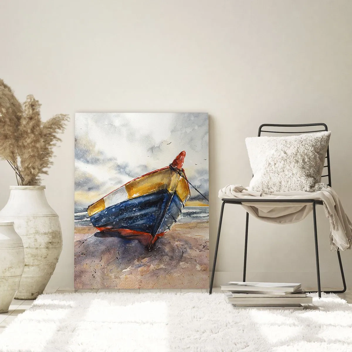 Impression sur verre - Image sur verre - Un bateau pittoresque sur la plage sous un ciel nuageux - 70x100cm - Repos sur le rivage - Décoration murale moderne pour le salon et la chambre ARTTOR
