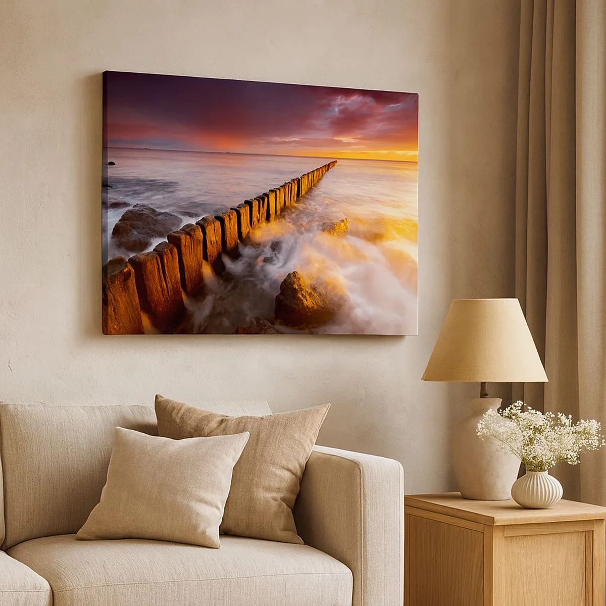 Impression sur toile - Image sur toile - Un paysage pittoresque au bord de la mer au coucher du soleil - 70x50cm - La douceur des vagues - Décoration murale moderne pour le salon et la chambre ARTTOR
