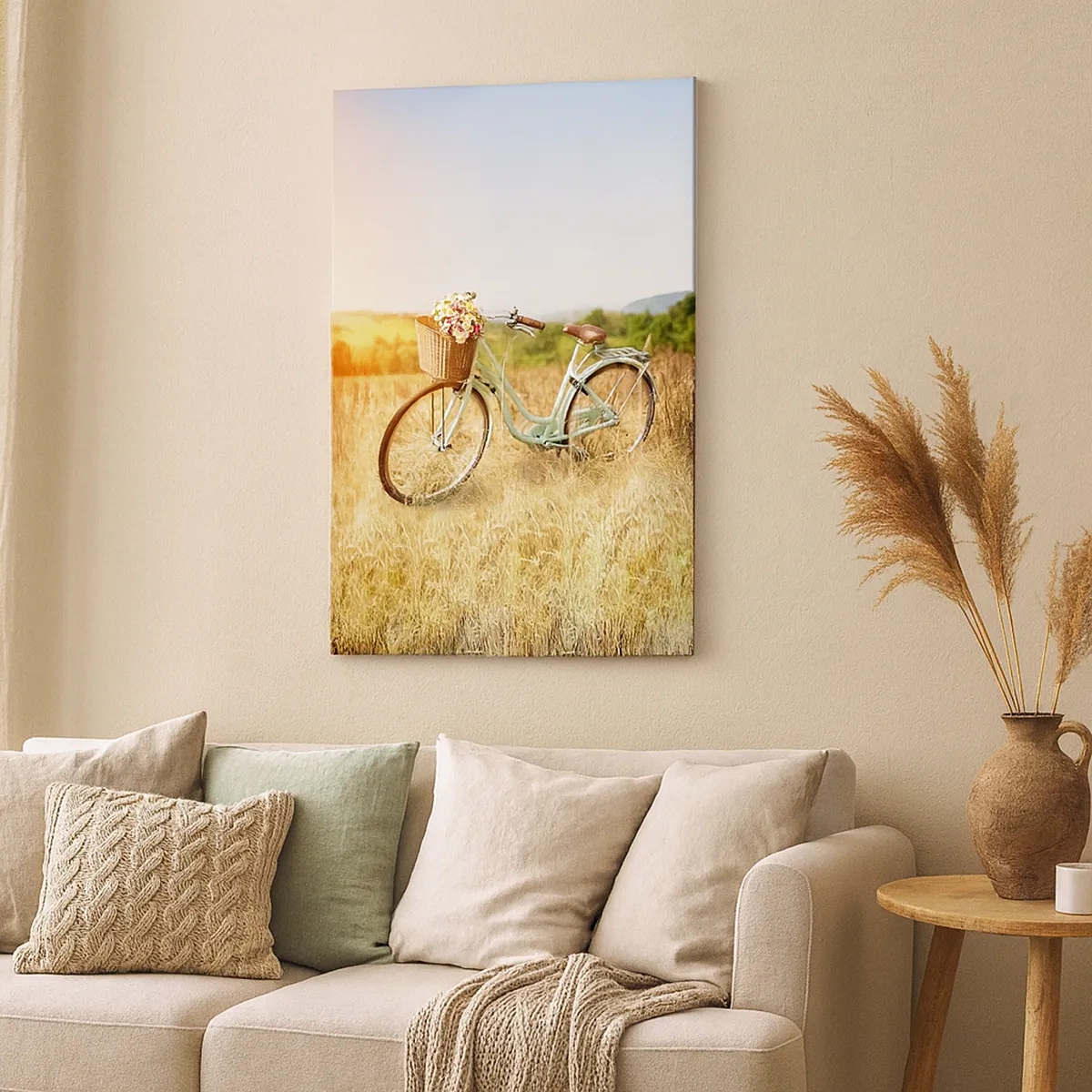 Impression sur toile - Image sur toile - Un vélo rétro avec un panier rempli de fleurs sur fond de prairie. - 50x70cm - Je vais rester un petit moment - Décoration murale moderne pour le salon et la chambre ARTTOR