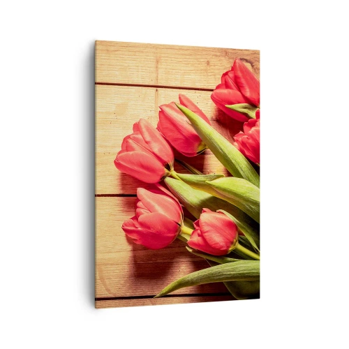 Impression sur toile - Image sur toile - Un bouquet de tulipes roses sur un fond en bois - 70x100cm - Défi du printemps - Décoration murale moderne pour le salon et la chambre ARTTOR