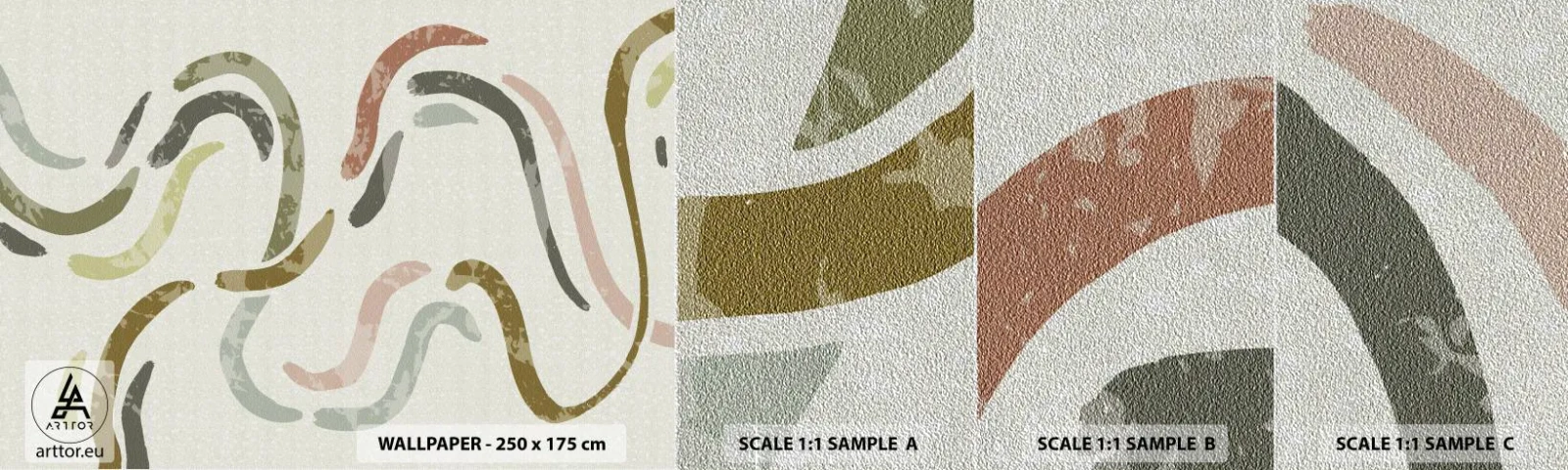 Échantillon de Papier Peint Premium Sand - Une joyeuse danse de l'abstraction - Pastel, Minimaliste, Brillant - 100x30 cm