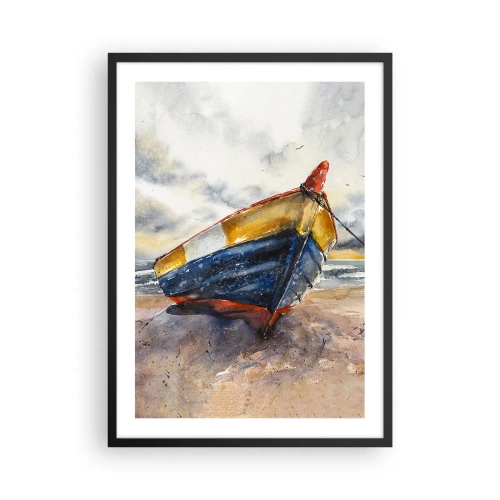 Affiche dans un cadre noir - Poster - Bateau aquarelle sur la plage au coucher du soleil - 50x70cm - Repos sur le rivage - Décoration murale moderne pour le salon et la chambre ARTTOR
