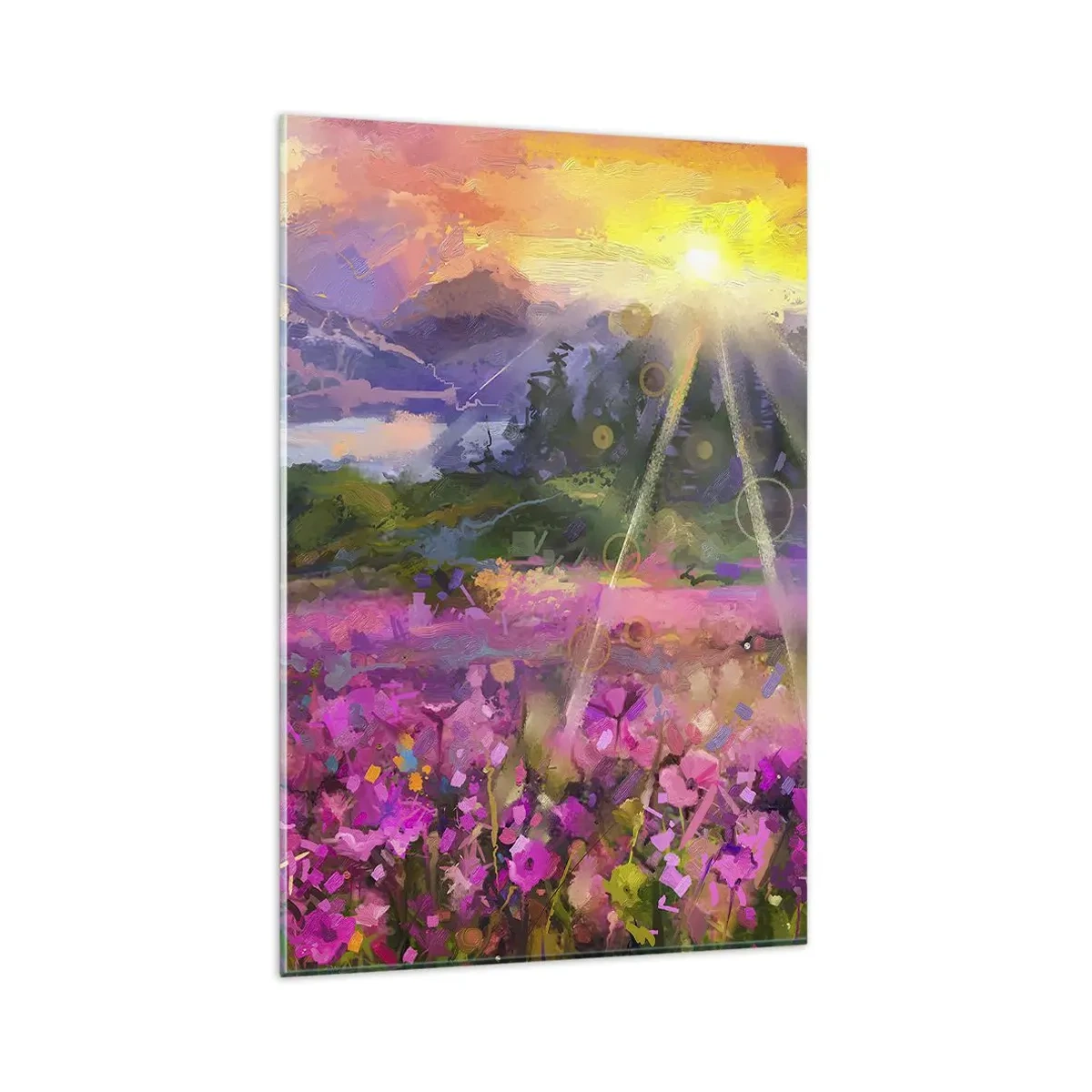 Impression sur verre - Image sur verre - Une prairie pittoresque sous les rayons du soleil couchant - 80x120cm - Dans la vallée à l'abri du soleil - Décoration murale moderne pour le salon et la chambre ARTTOR