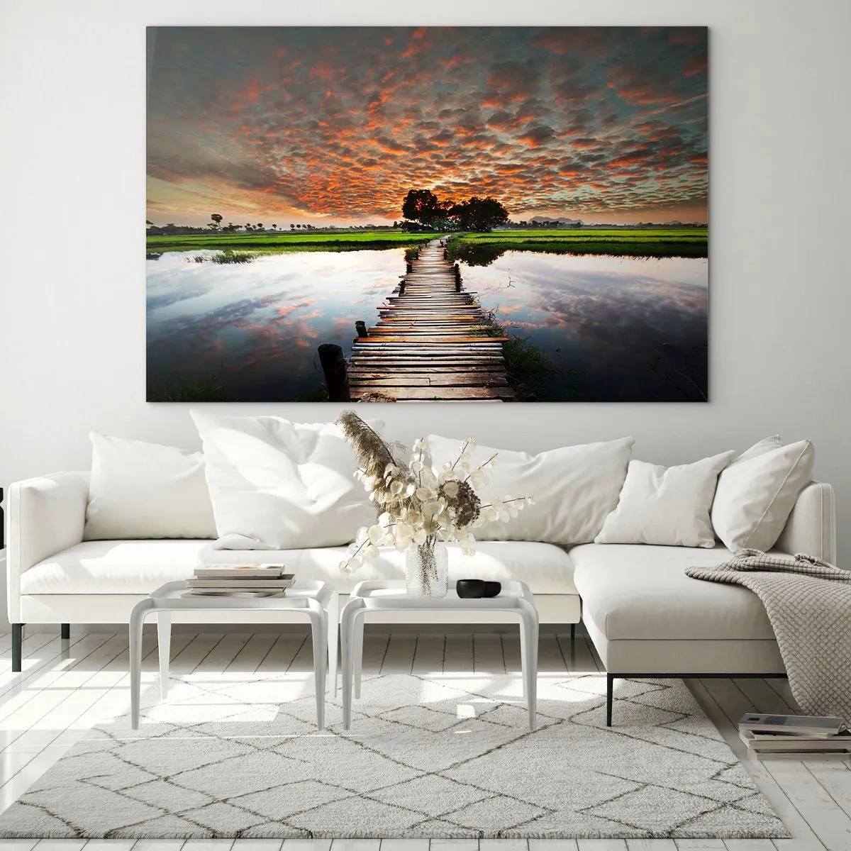 Impression sur verre - Image sur verre - Pont en bois sur la rivière au coucher du soleil - 120x80cm - Étendez vos bras - respirez - Décoration murale moderne pour le salon et la chambre ARTTOR
