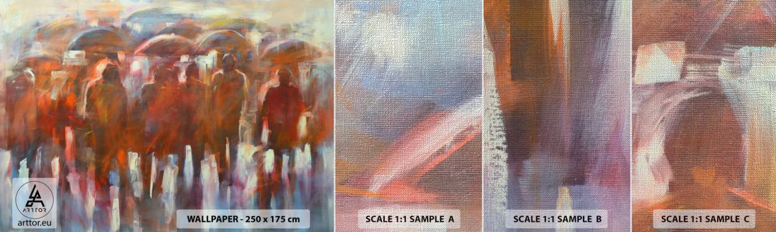 Échantillon de Papier Peint Premium Canvas - Identiques sous la pluie et dans le brouillard - Personnes, Ville occupée, Morceau - 100x30 cm