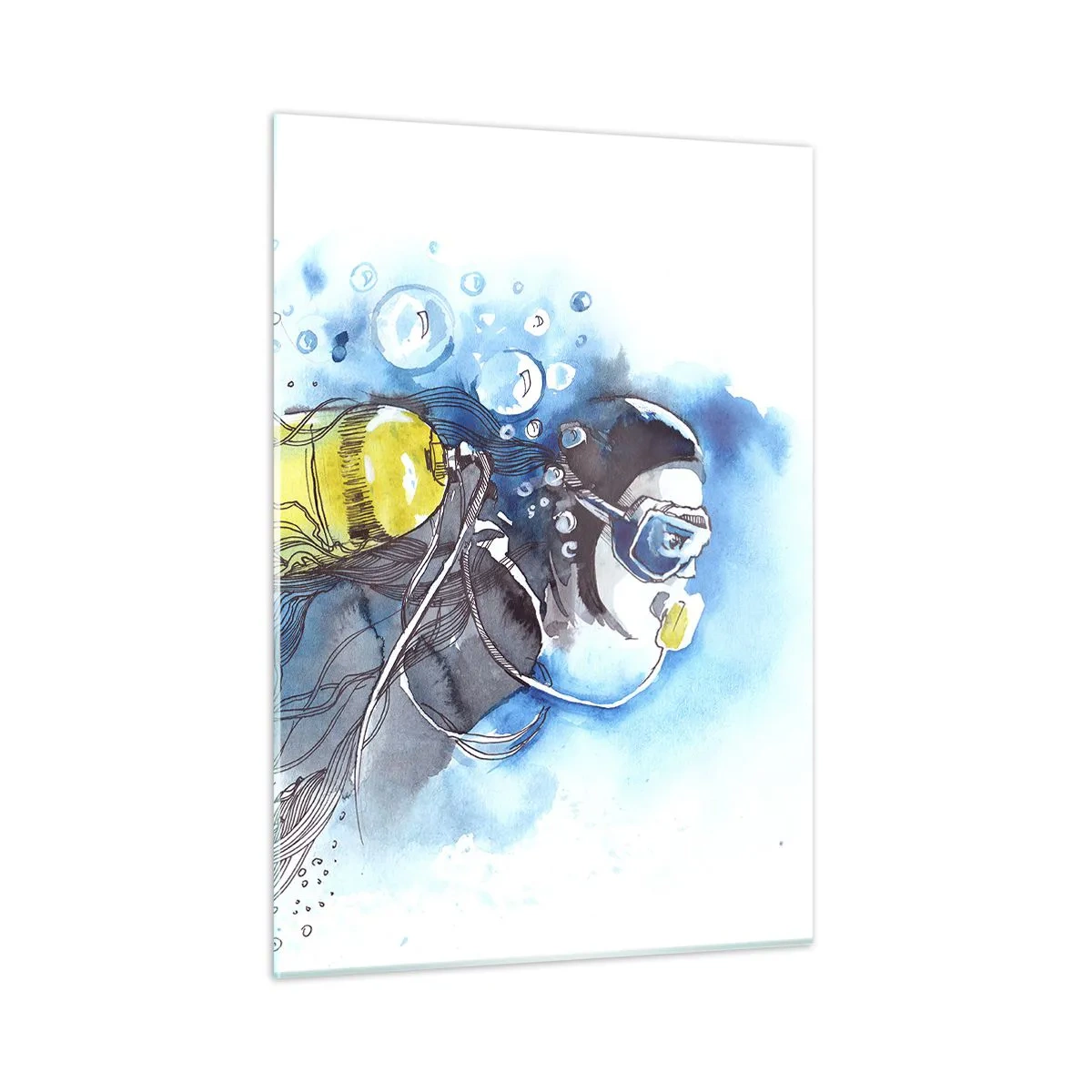 Impression sur verre - Image sur verre - Plongeur sous-marin avec des poissons en aquarelle artistique - 50x70cm - Le grand bleu - Décoration murale moderne pour le salon et la chambre ARTTOR