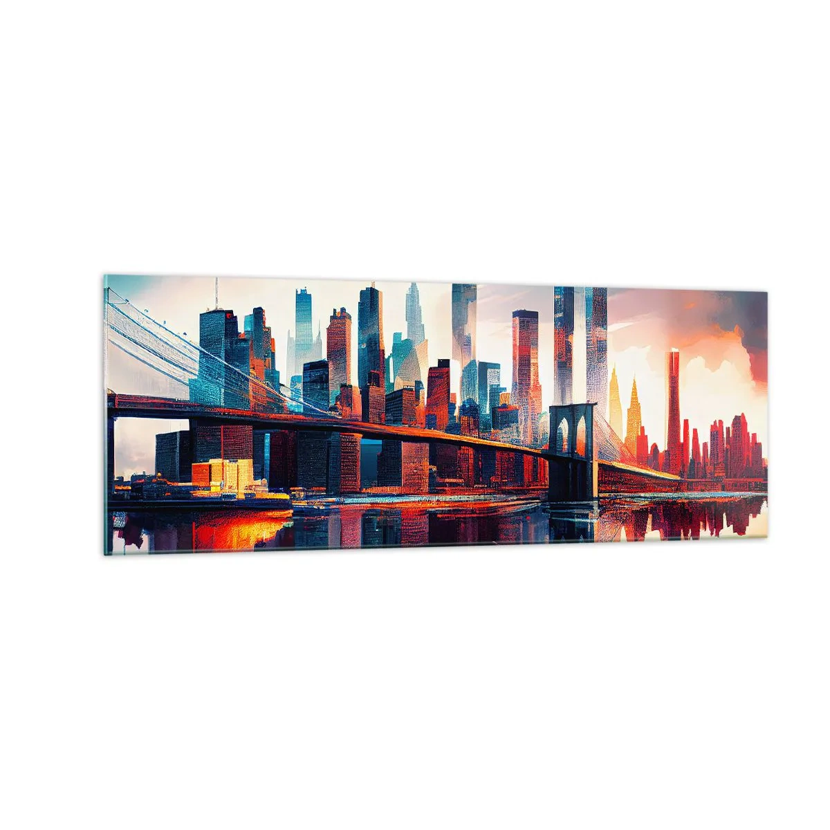 Impression sur verre - Image sur verre - Panorama de la ville de New York avec pont et reflet dans l'eau - 140x50cm - New York onirique - Décoration murale moderne pour le salon et la chambre ARTTOR