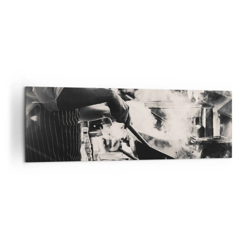 Impression sur toile - Image sur toile - Un chef au travail dans la cuisine avec de la vapeur s'élevant d'une poêle à frire - 160x50cm - Alchimie des saveurs - Décoration murale moderne pour le salon et la chambre ARTTOR