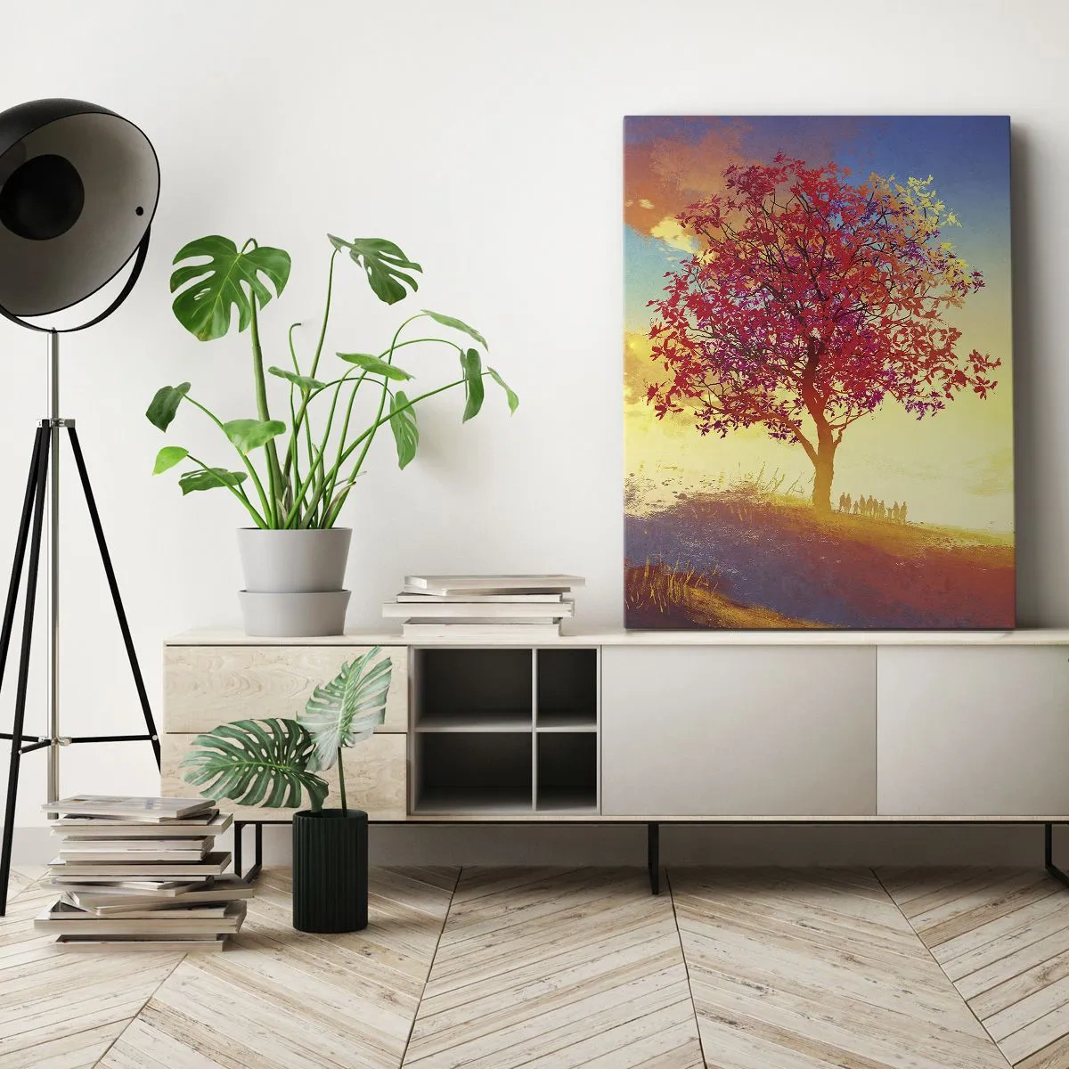 Impression sur toile - Image sur toile - Une silhouette sur une colline à côté d'un arbre coloré à la lumière du soleil couchant - 50x70cm - Pèlerin à destination - Décoration murale moderne pour le salon et la chambre ARTTOR