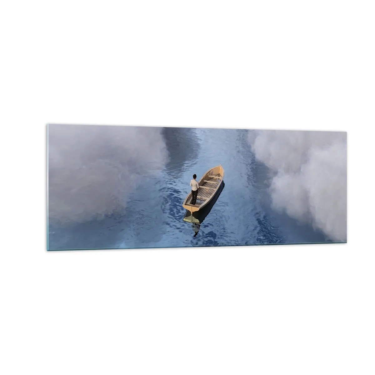 Impression sur verre - Image sur verre - Un homme dans un bateau sur une mer calme entourée de nuages - 140x50cm - Vie – voyage – inconnu - Décoration murale moderne pour le salon et la chambre ARTTOR