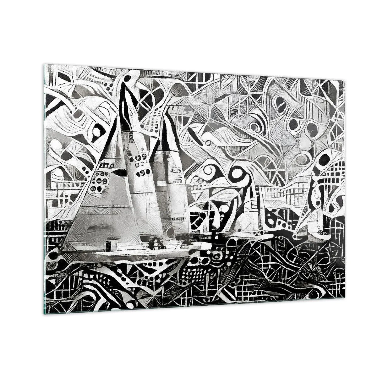 Impression sur verre - Image sur verre - Abstraction en noir et blanc avec voiliers et motifs géométriques - 100x70cm - Entre les vagues - Décoration murale moderne pour le salon et la chambre ARTTOR
