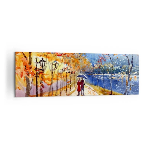 Impression sur toile - Image sur toile - Une promenade d'automne dans le parc au bord de la rivière sous un parasol - 160x50cm - Ensemble jusqu'au bout du temps - Décoration murale moderne pour le salon et la chambre ARTTOR