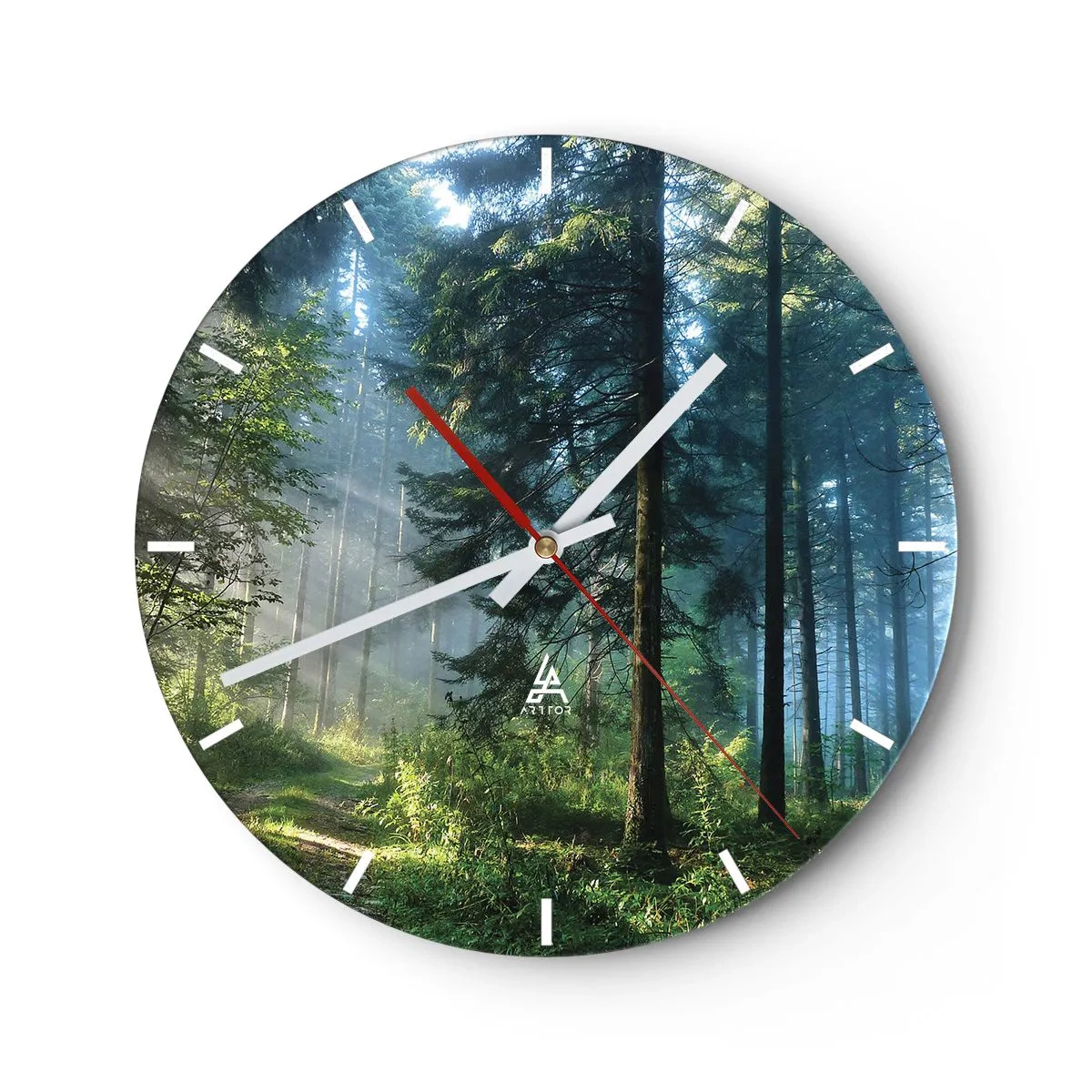 Horloge murale - Pendule murale - Brouillard matinal dans la forêt avec des rayons de soleil - 30x30cm - Rayonnant le matin - Décoration murale moderne pour le salon, la cuisine et la chambre ARTTOR
