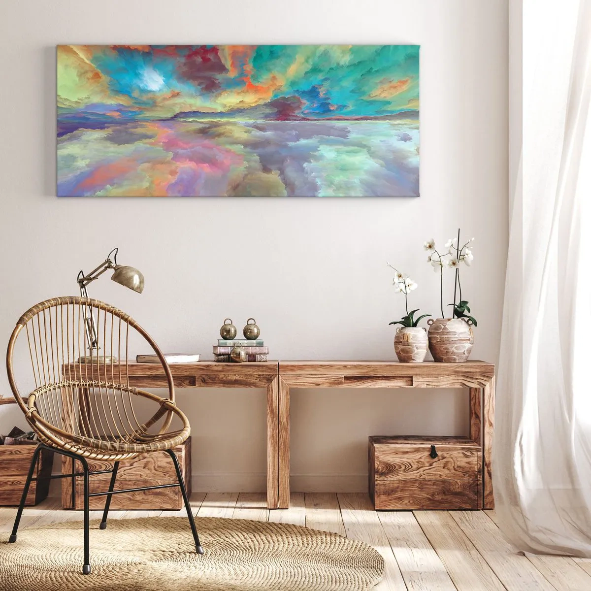 Impression sur toile - Image sur toile - Paysage de nuages colorés dans un style abstrait - 160x50cm - Deux paradis - Décoration murale moderne pour le salon et la chambre ARTTOR